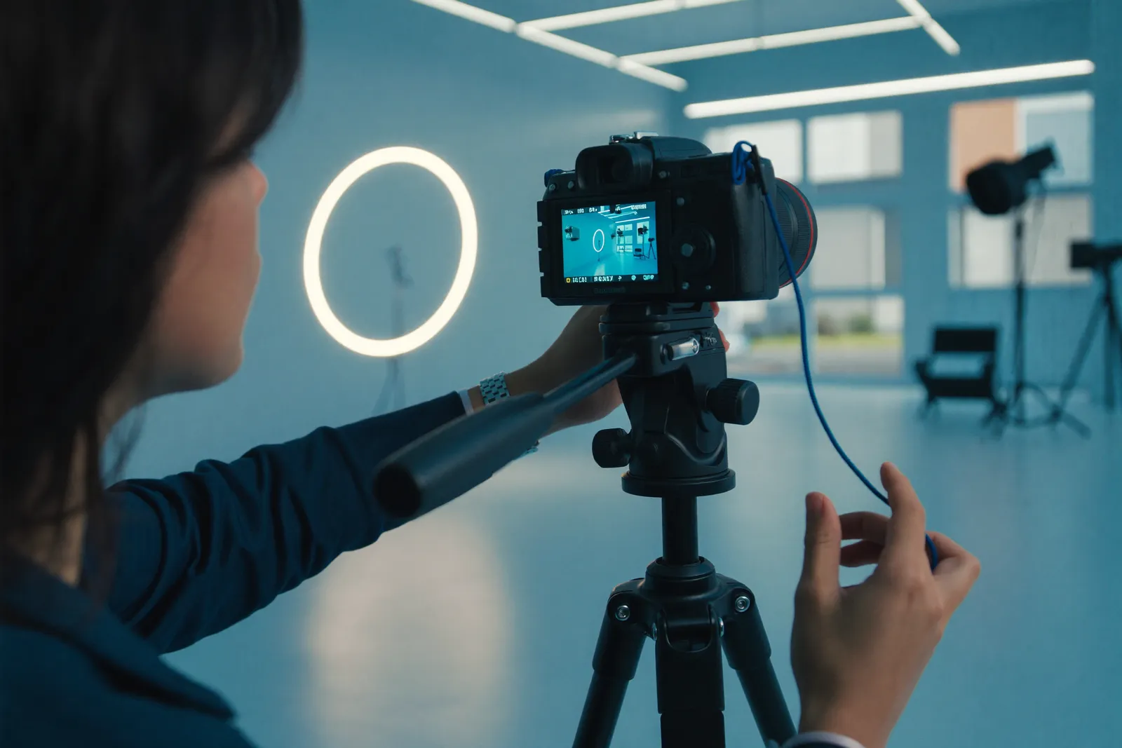 A content creator filming a product video in a modern studio