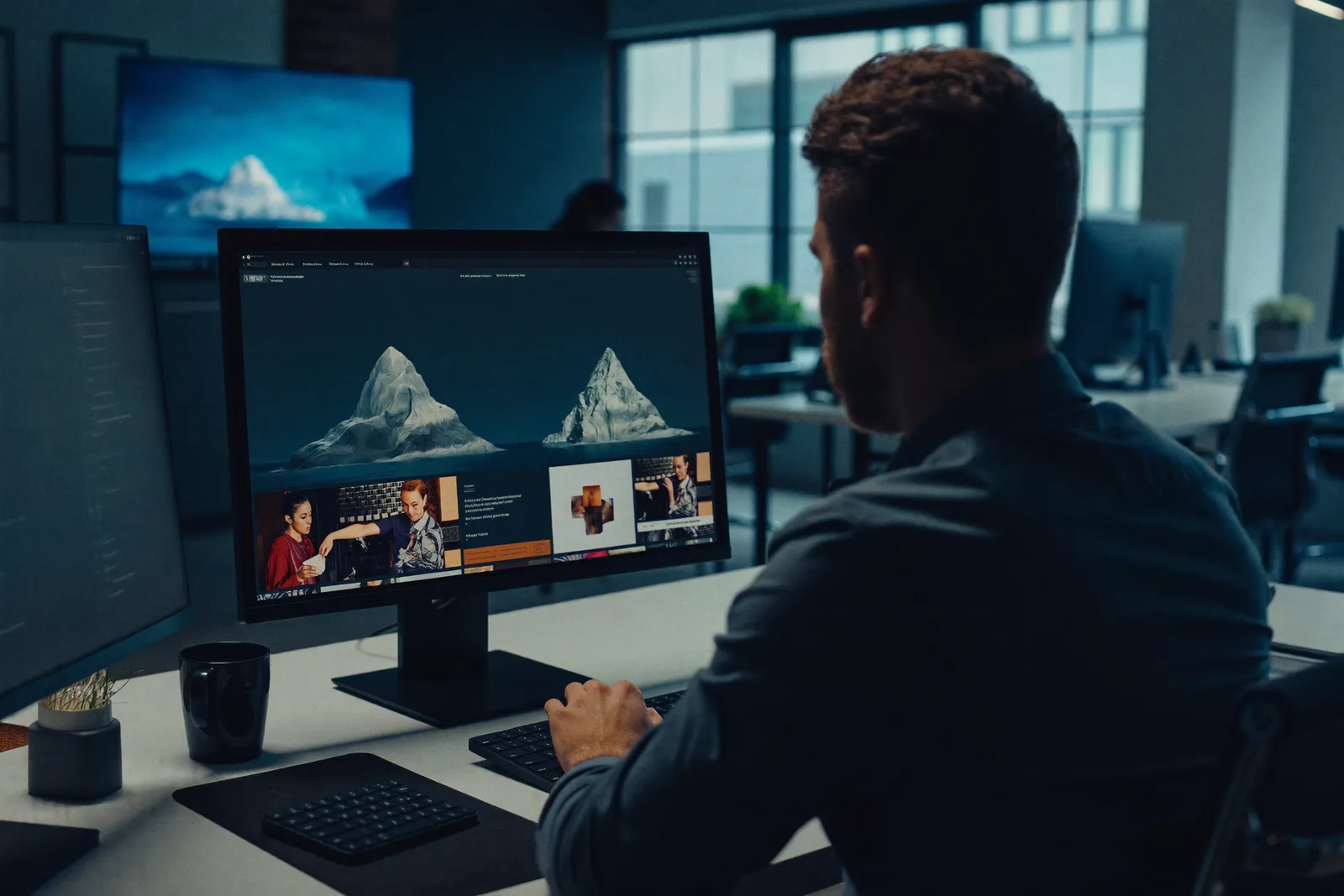 A developer building a website on dual monitors in a modern office